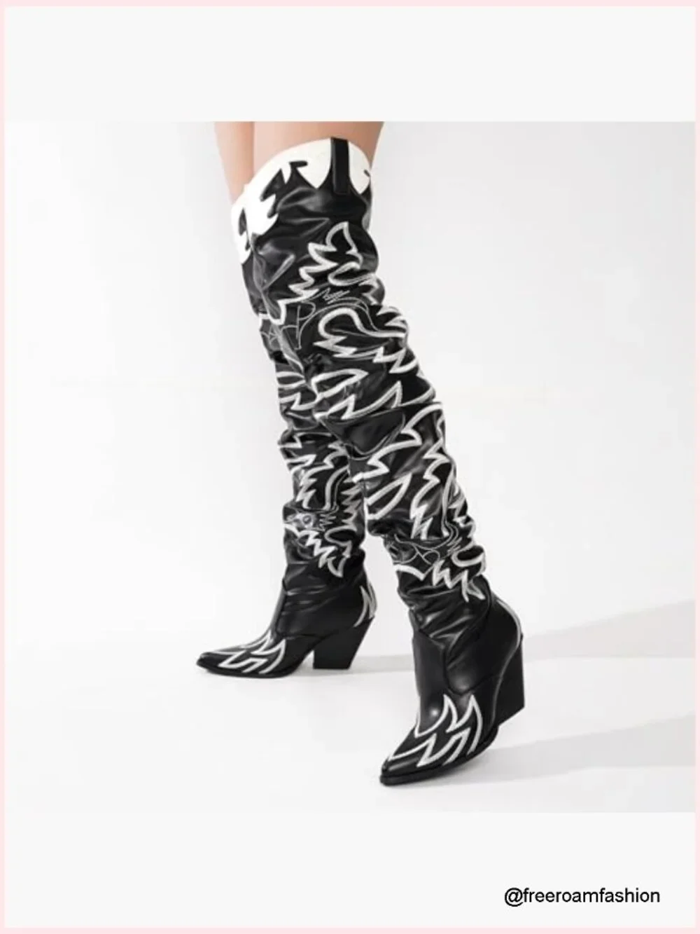 Western Over the Knee Boots Chunky Heel Faux Leather Embroidered Pull On